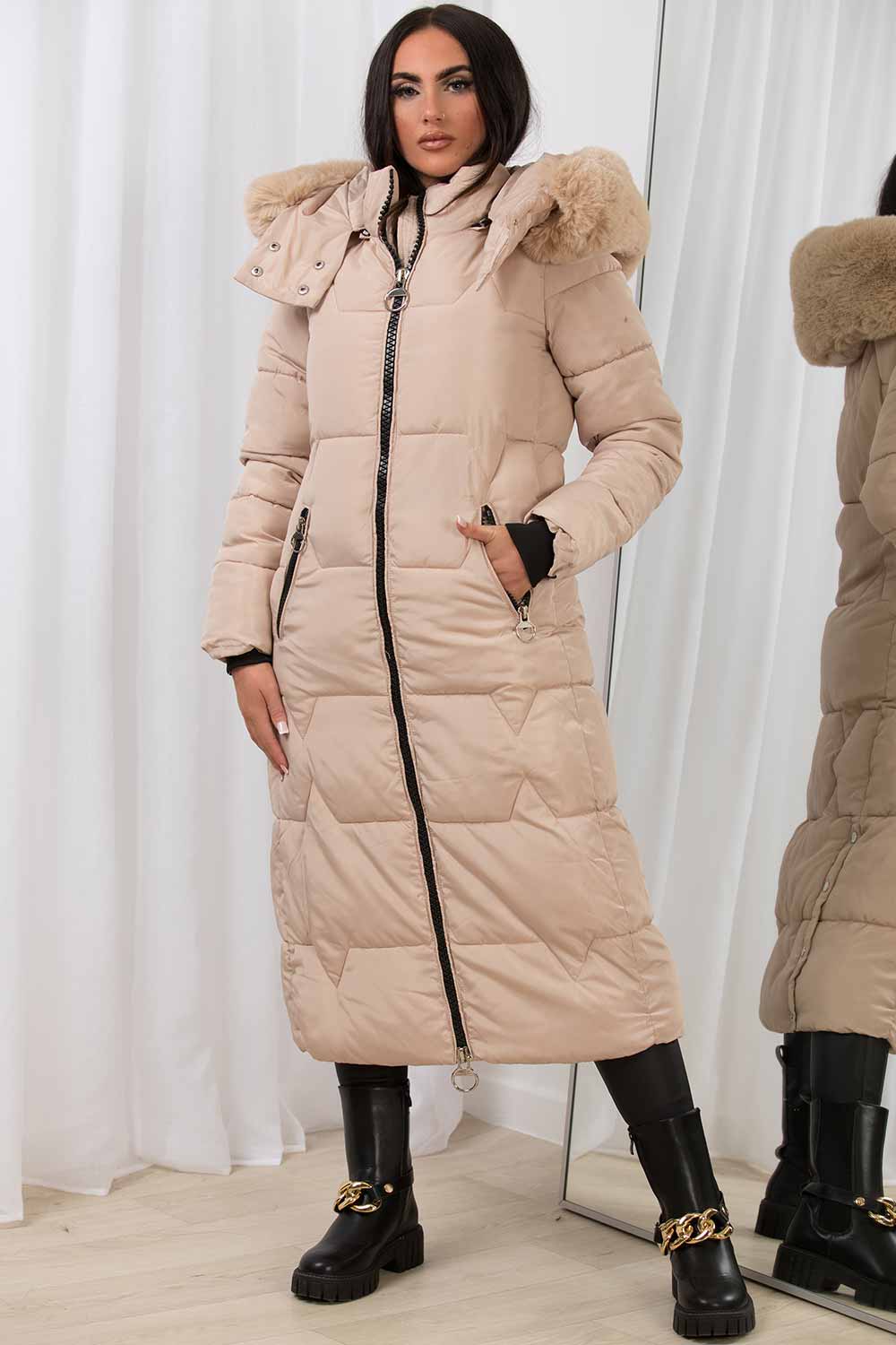 long padded down coat with faux fur hood