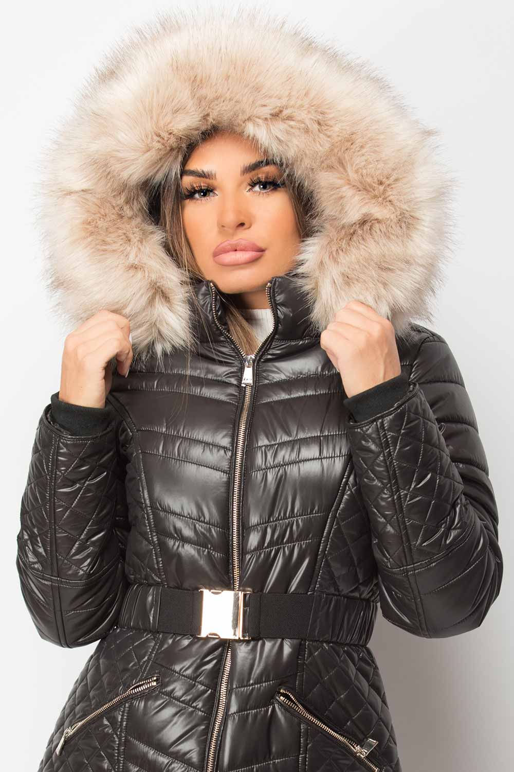 faux fur hooded puffer coat black