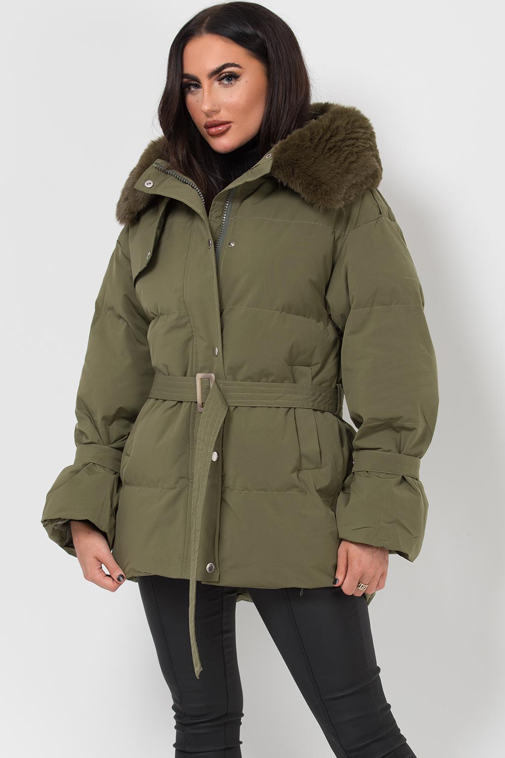 puffer padded coat with fur hood khaki