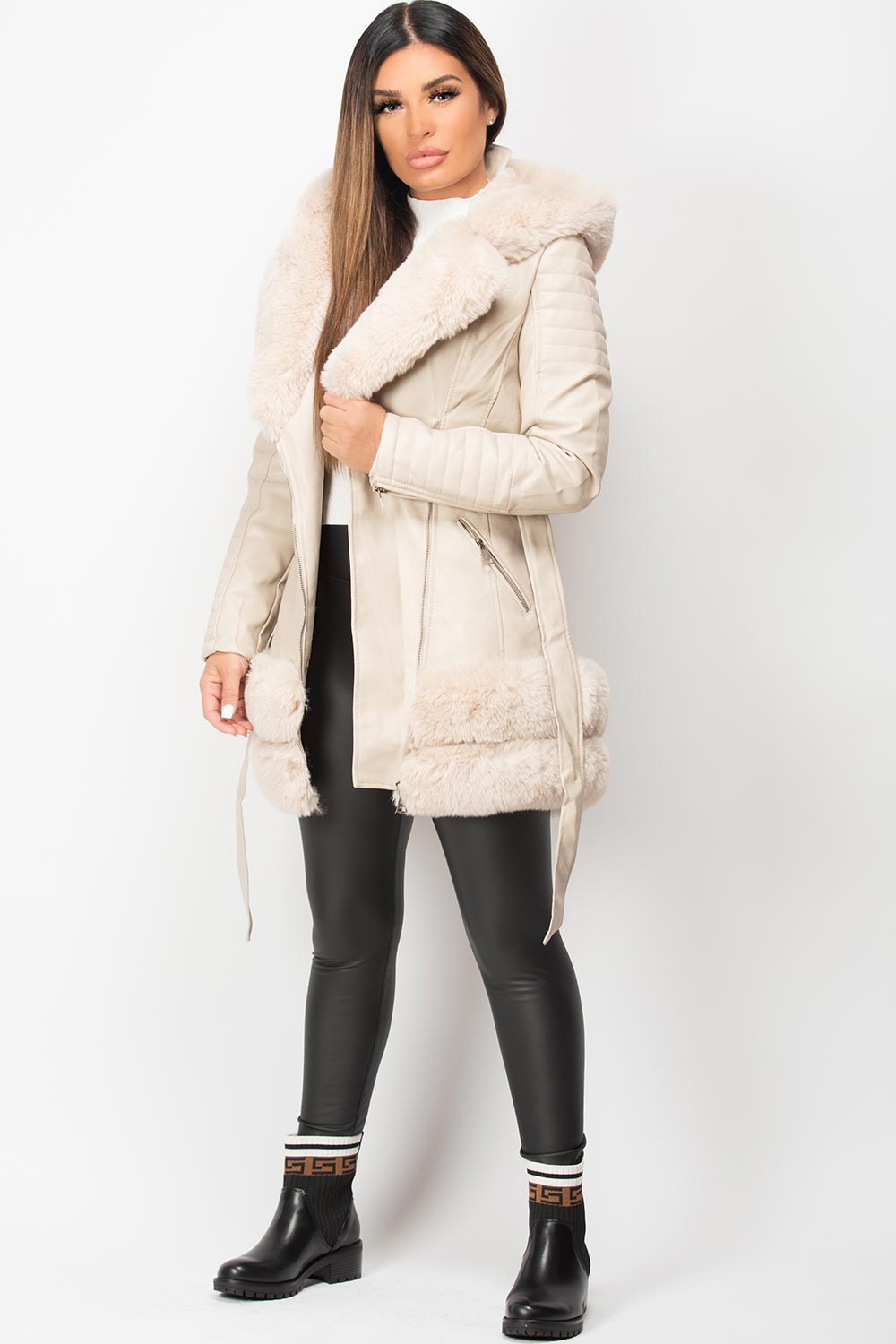 faux fur faux leather jacket cream