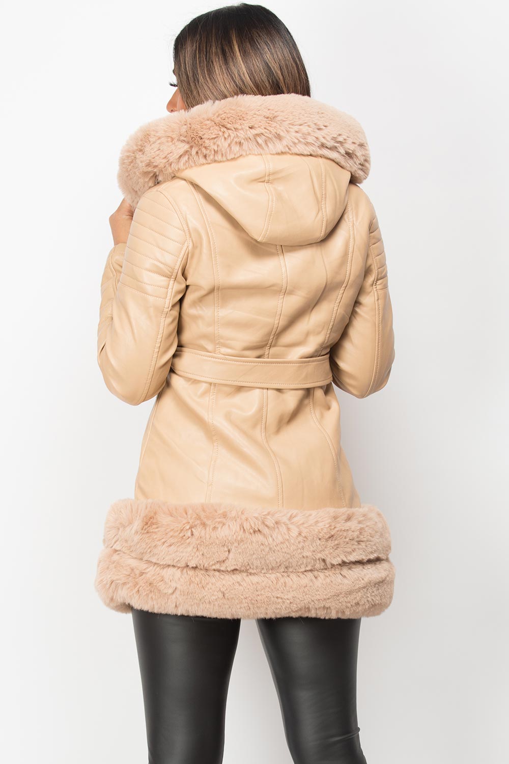 beige faux fur hooded faux leather jacket