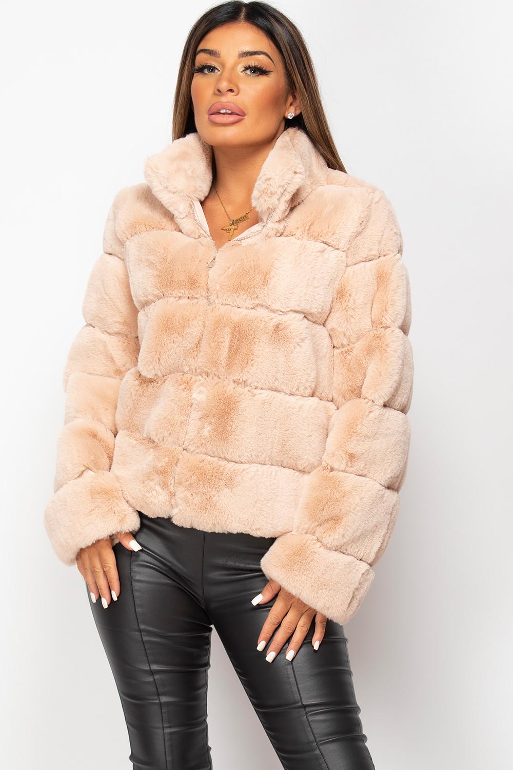 faux fur coat nude