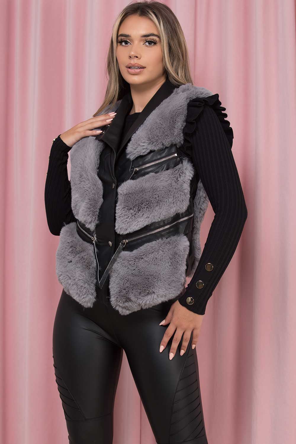 grey faux fur gilet