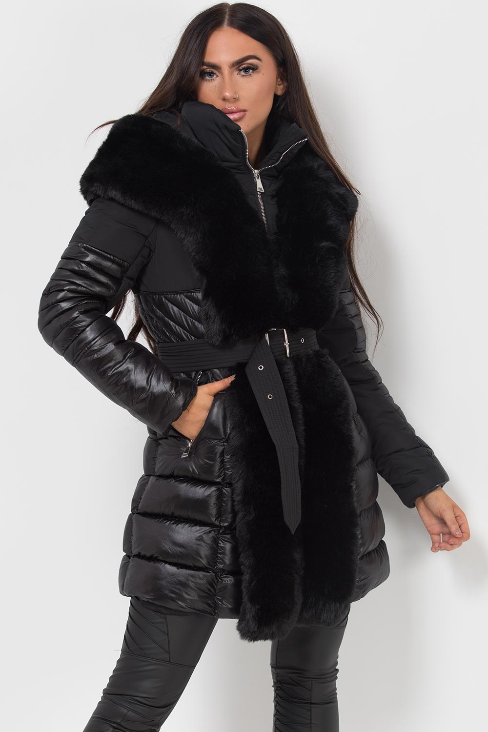 padded puffer coat with big fur hood
