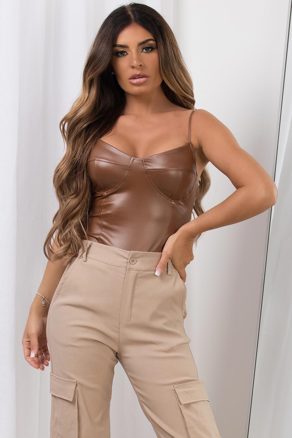 pu faux leather cupped bodysuit brown
