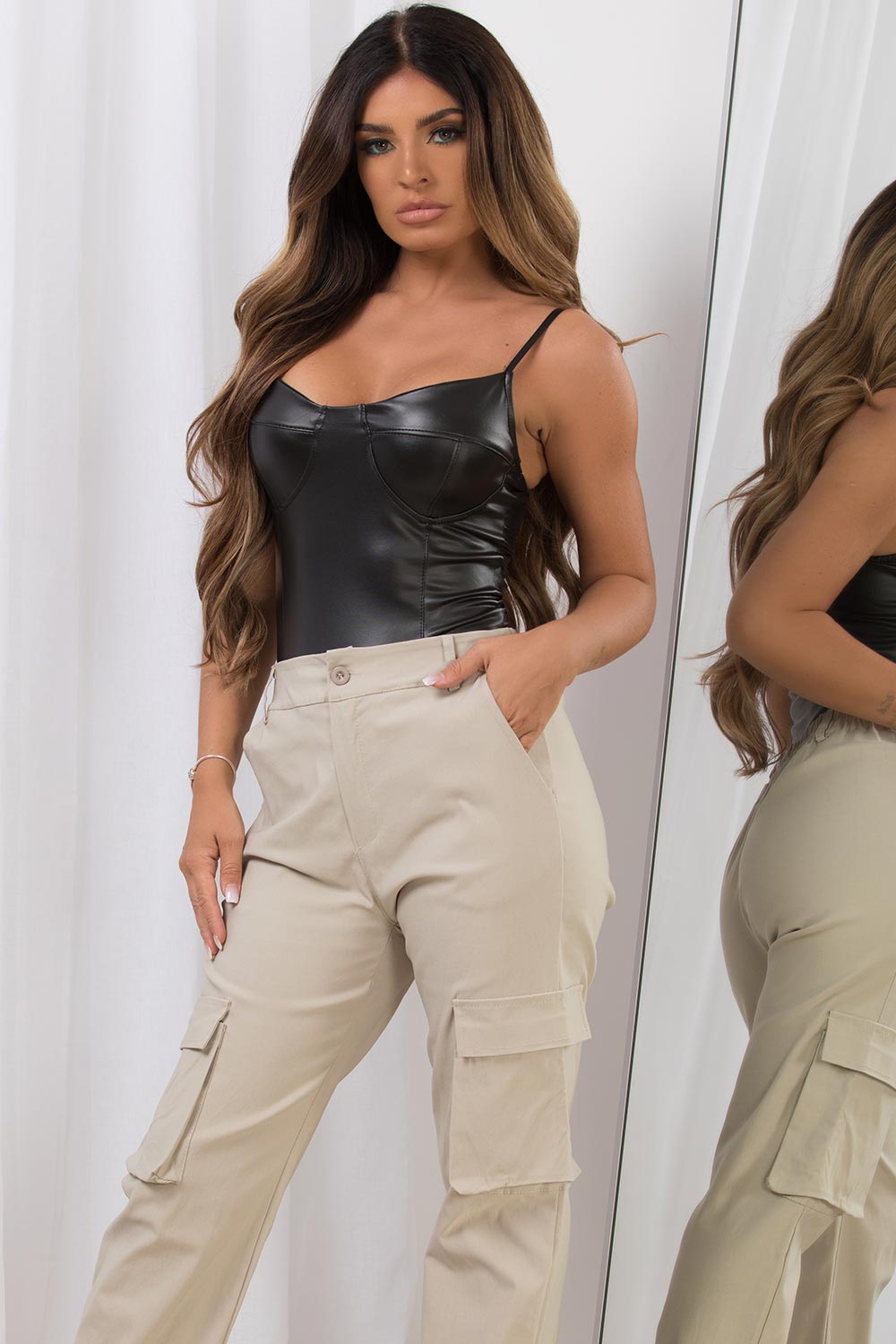 black leather bodysuit with cup detail womens