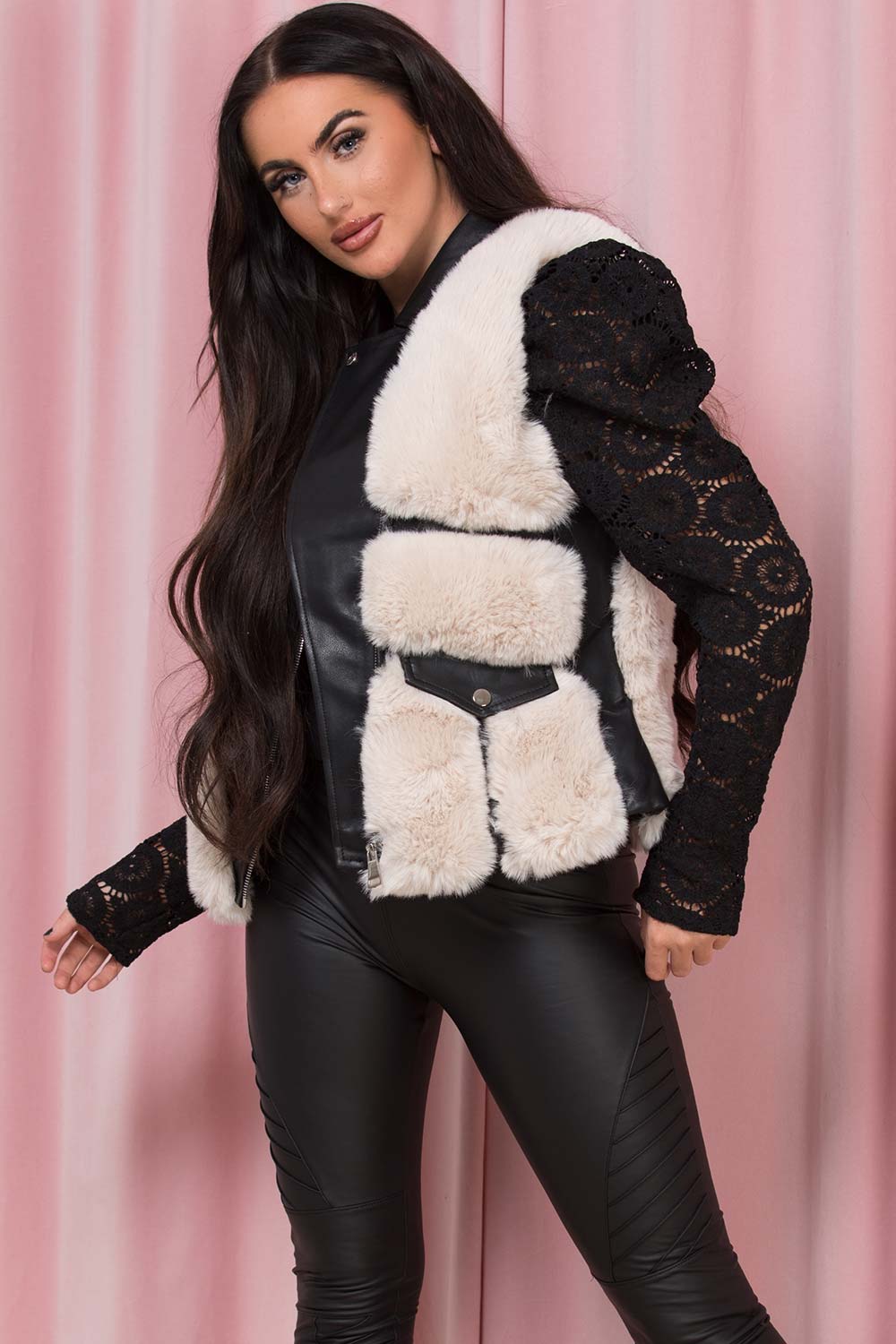 beige faux fur gilet womens