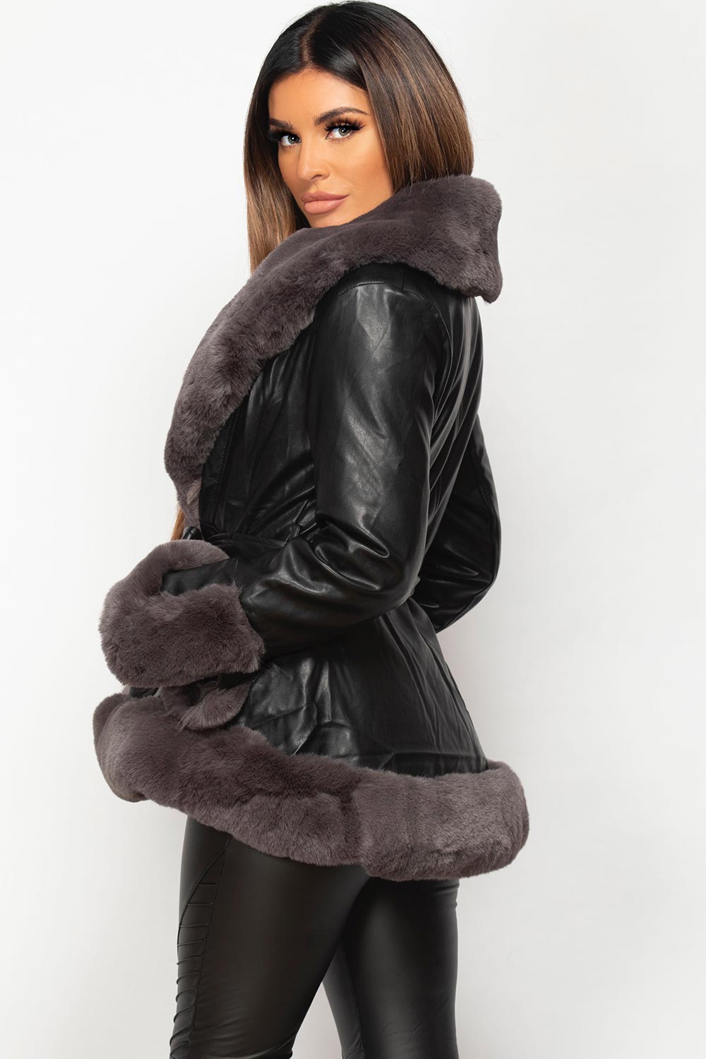 faux fur trim faux leather belted jacket