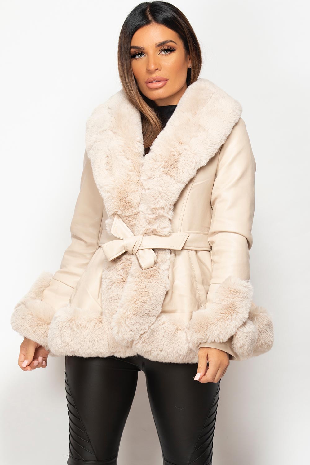 cream faux leather faux fur jacket with belt