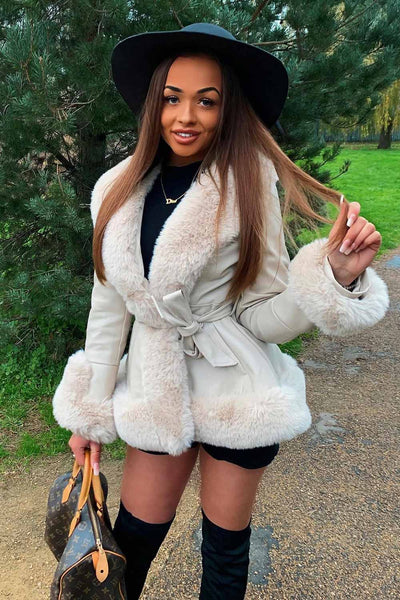Womens Faux Leather Faux Fur Belted Jacket Cream –