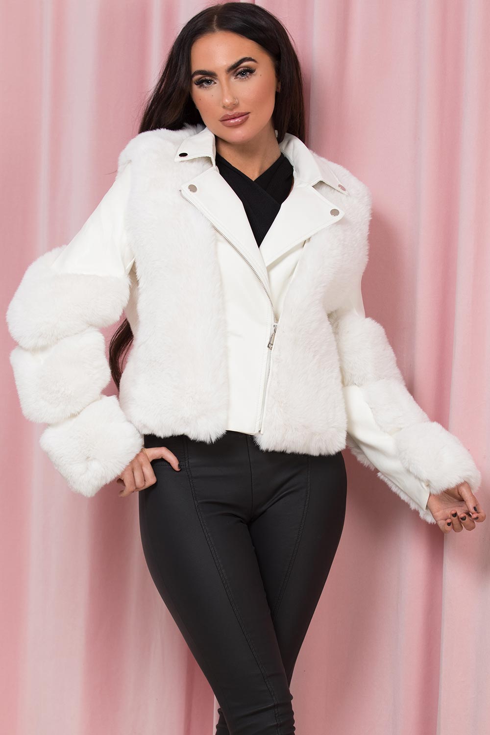 faux fur faux leather biker jacket white