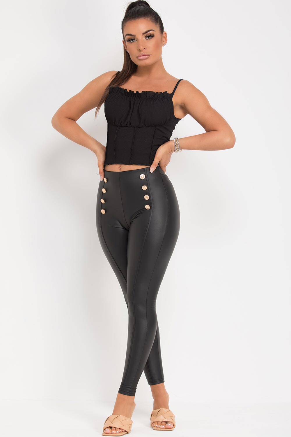 black pu leather leggings with gold buttons uk