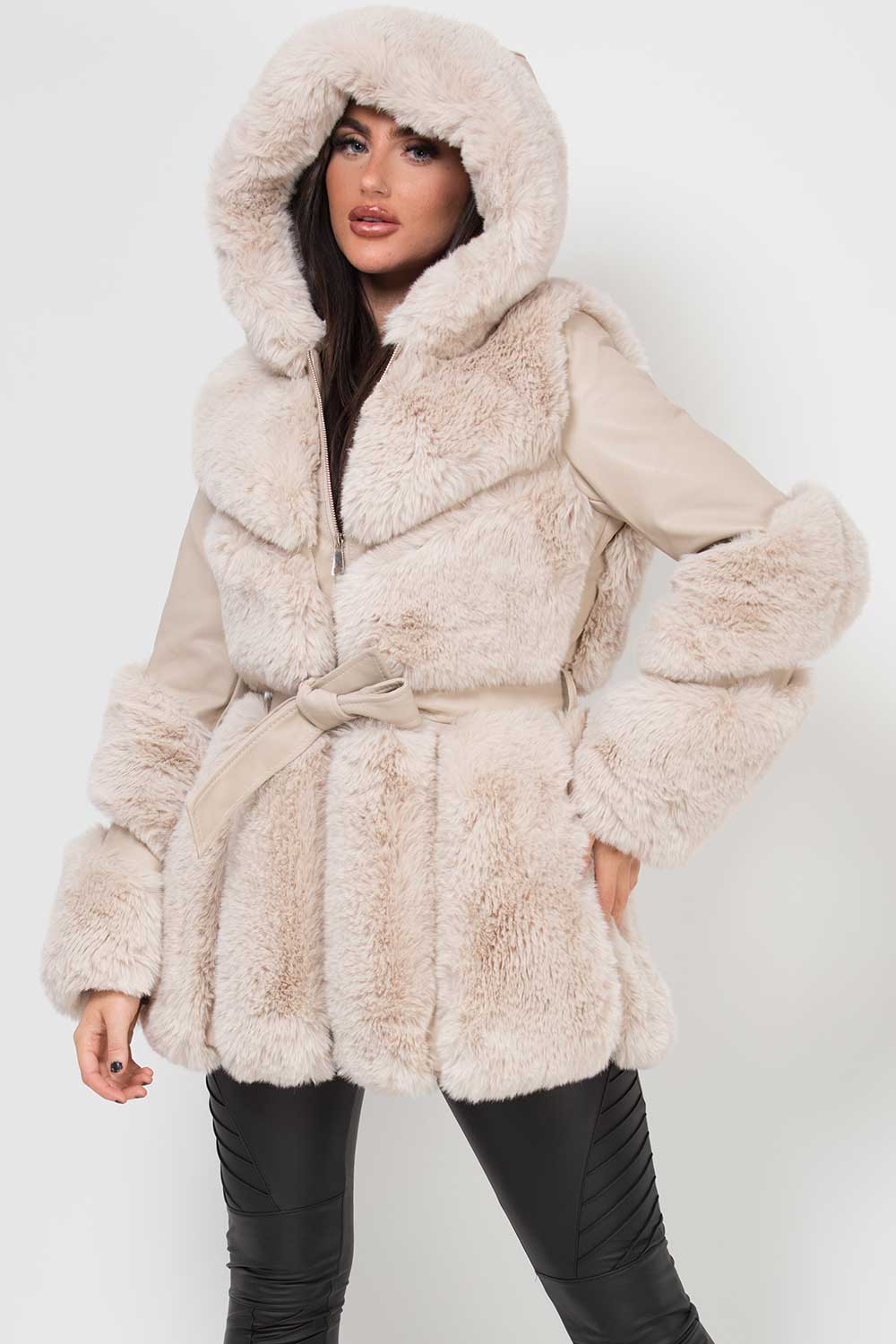 womens cream faux leather faux fur coat with hood