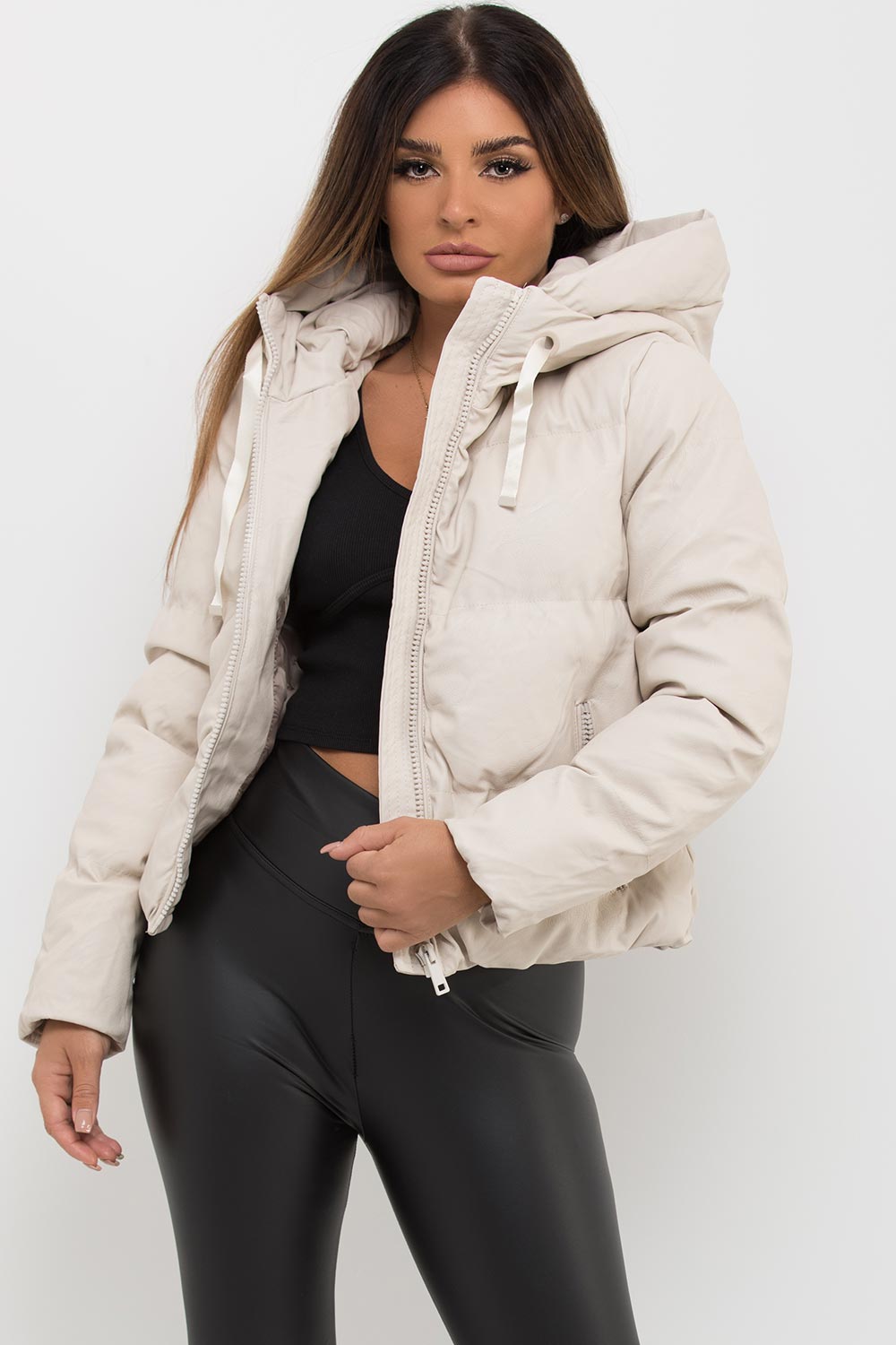 womens faux leather puffer padded jacket with hood