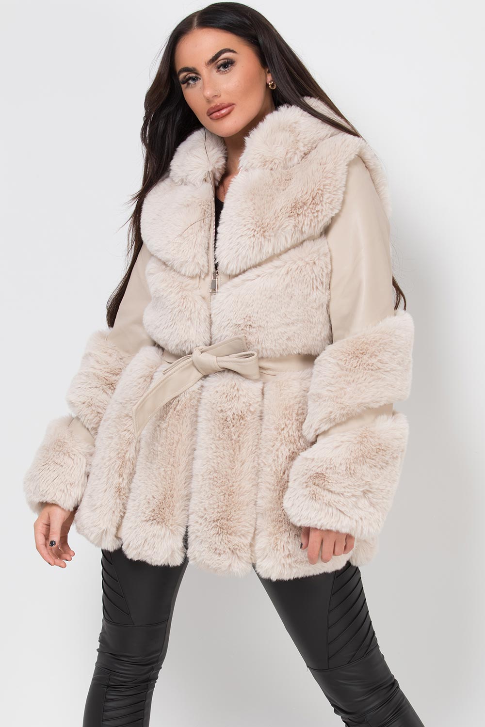 womens faux fur faux leather hooded coat cream