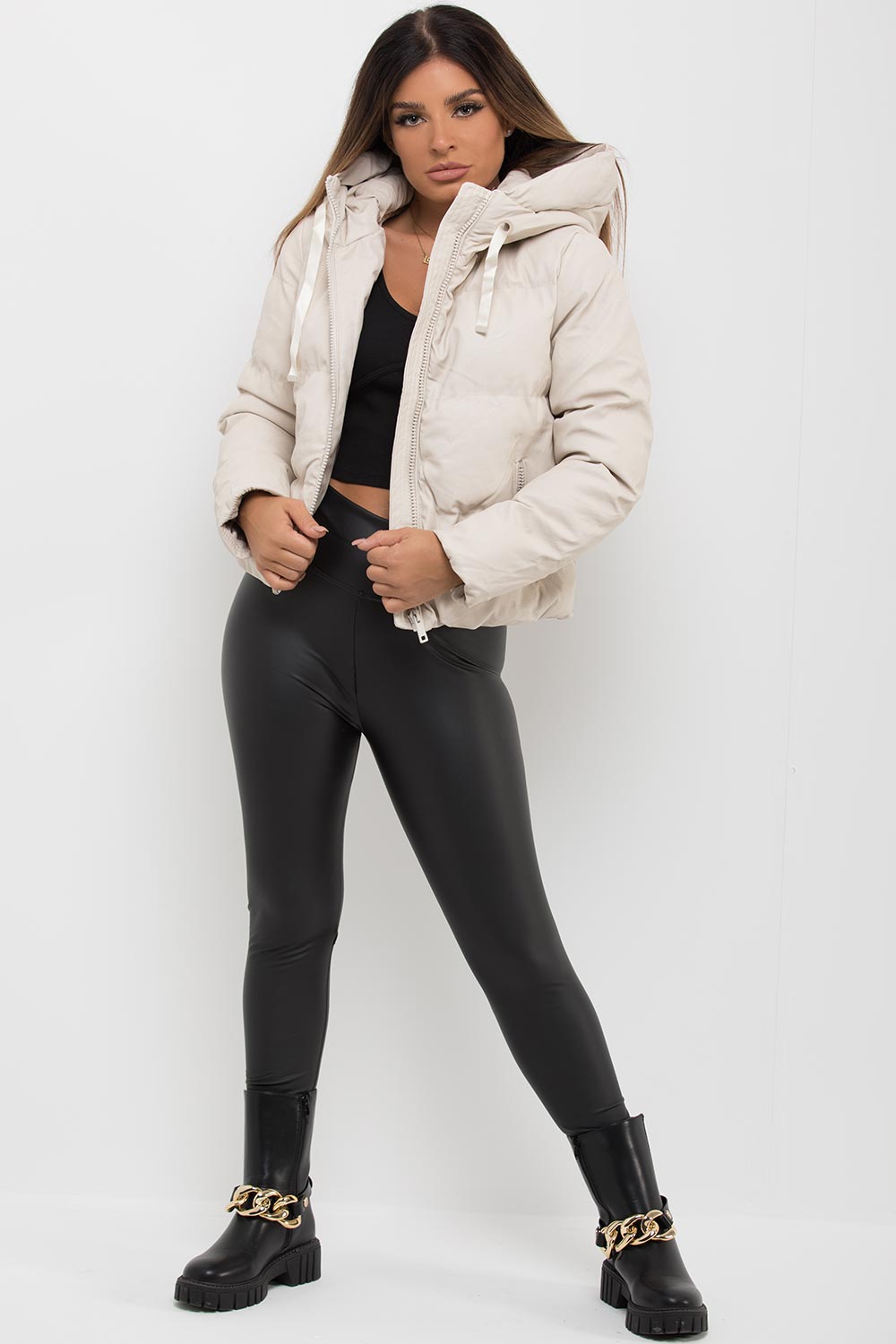 womens padded puffer faux leather jacket vegan