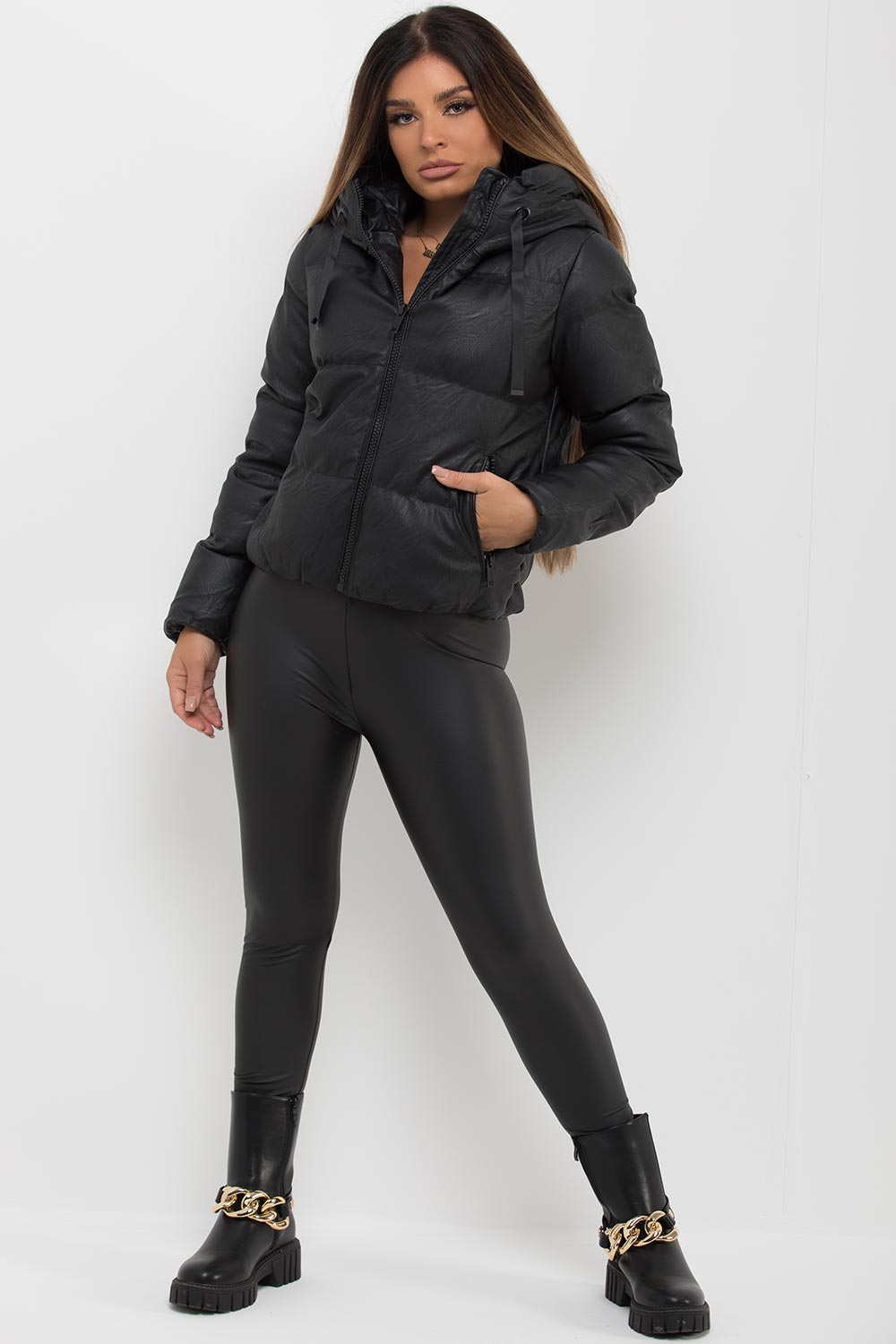 womens faux leather puffer padded hooded jacket