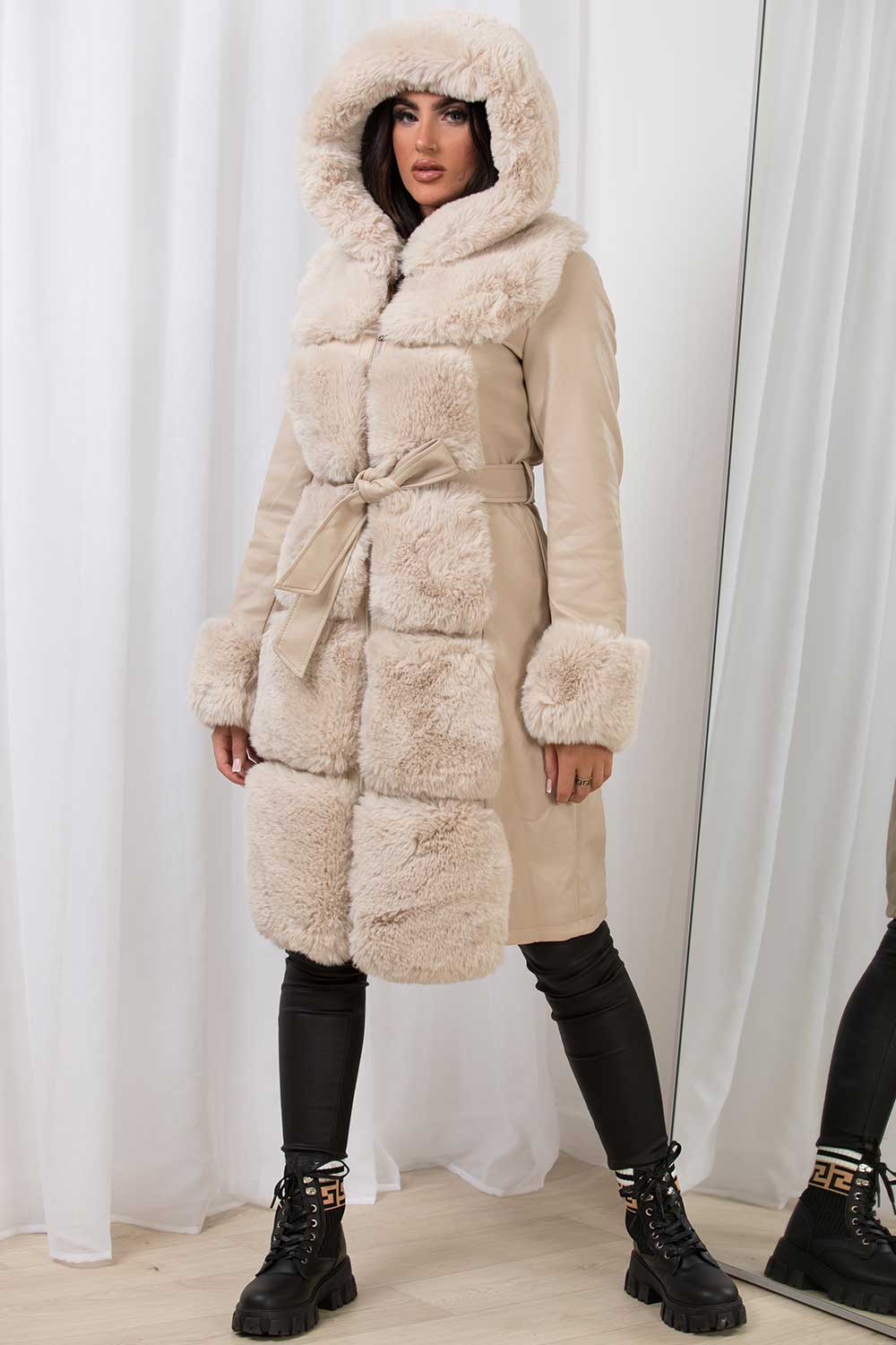 faux fur faux leather hooded longline jacket womens