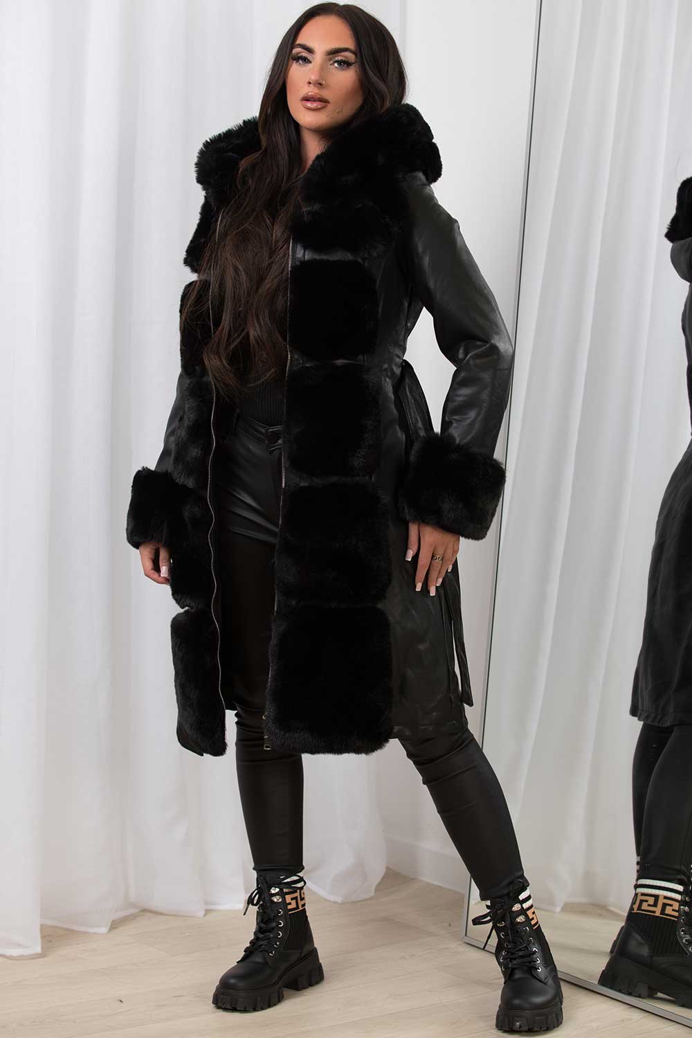 faux fur faux leather jacket with belt
