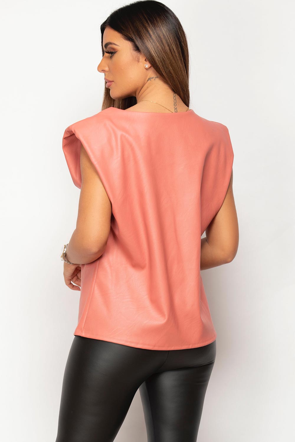 pink padded shoulder faux leather top