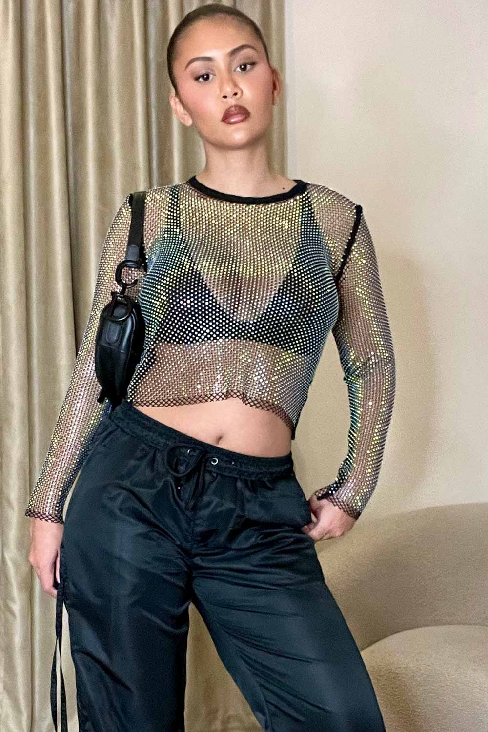 prada sheer rhinestone fishnet crop top