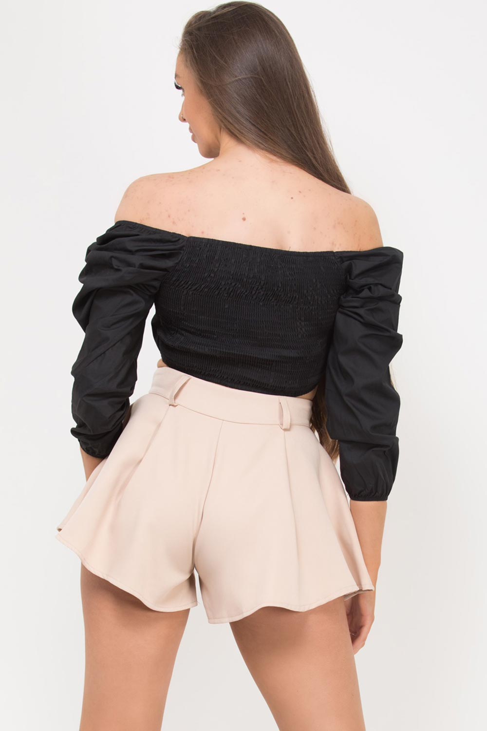 stone flared high waisted shorts