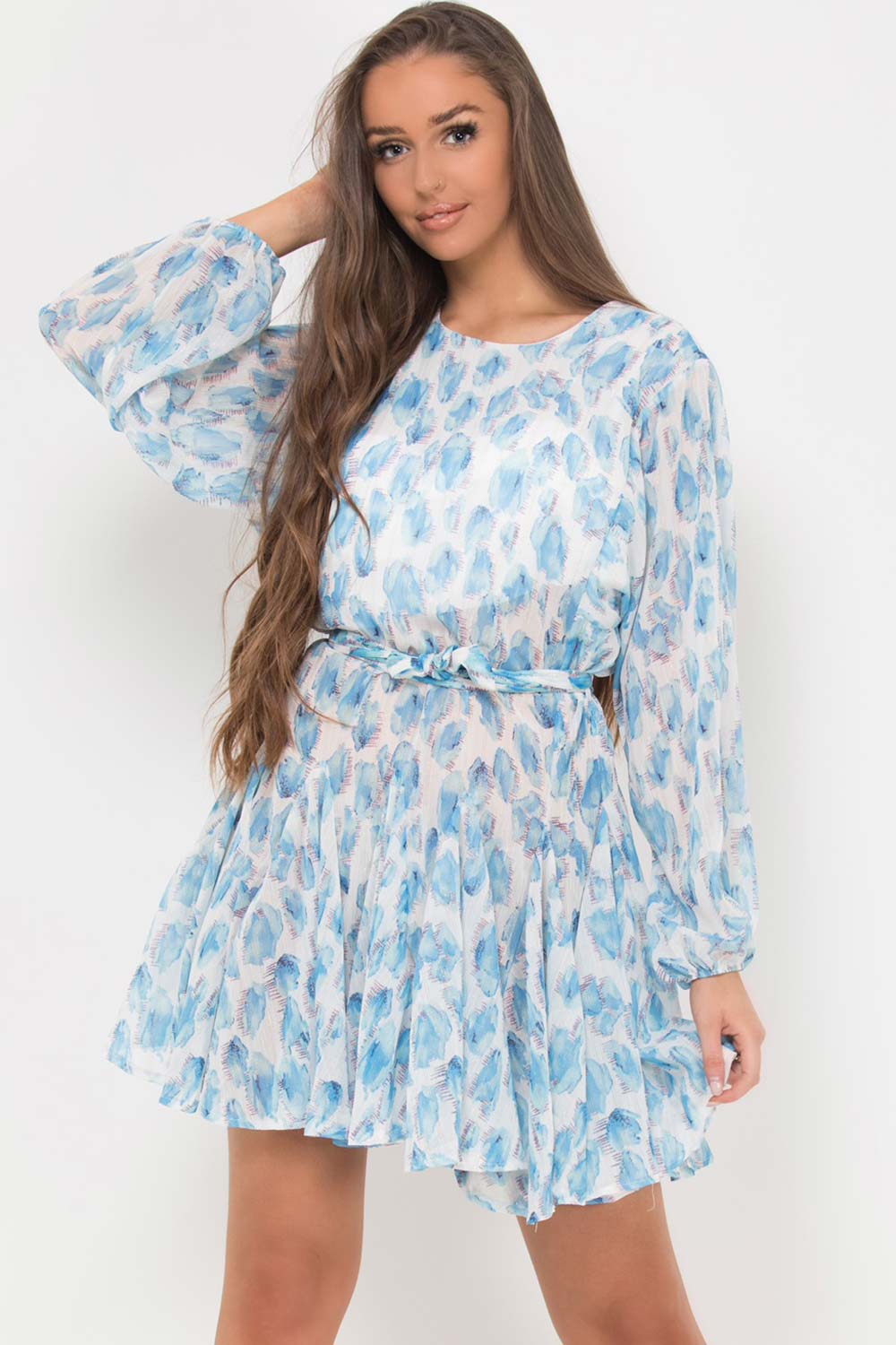 Floral Print Chiffon Skater Dress Blue
