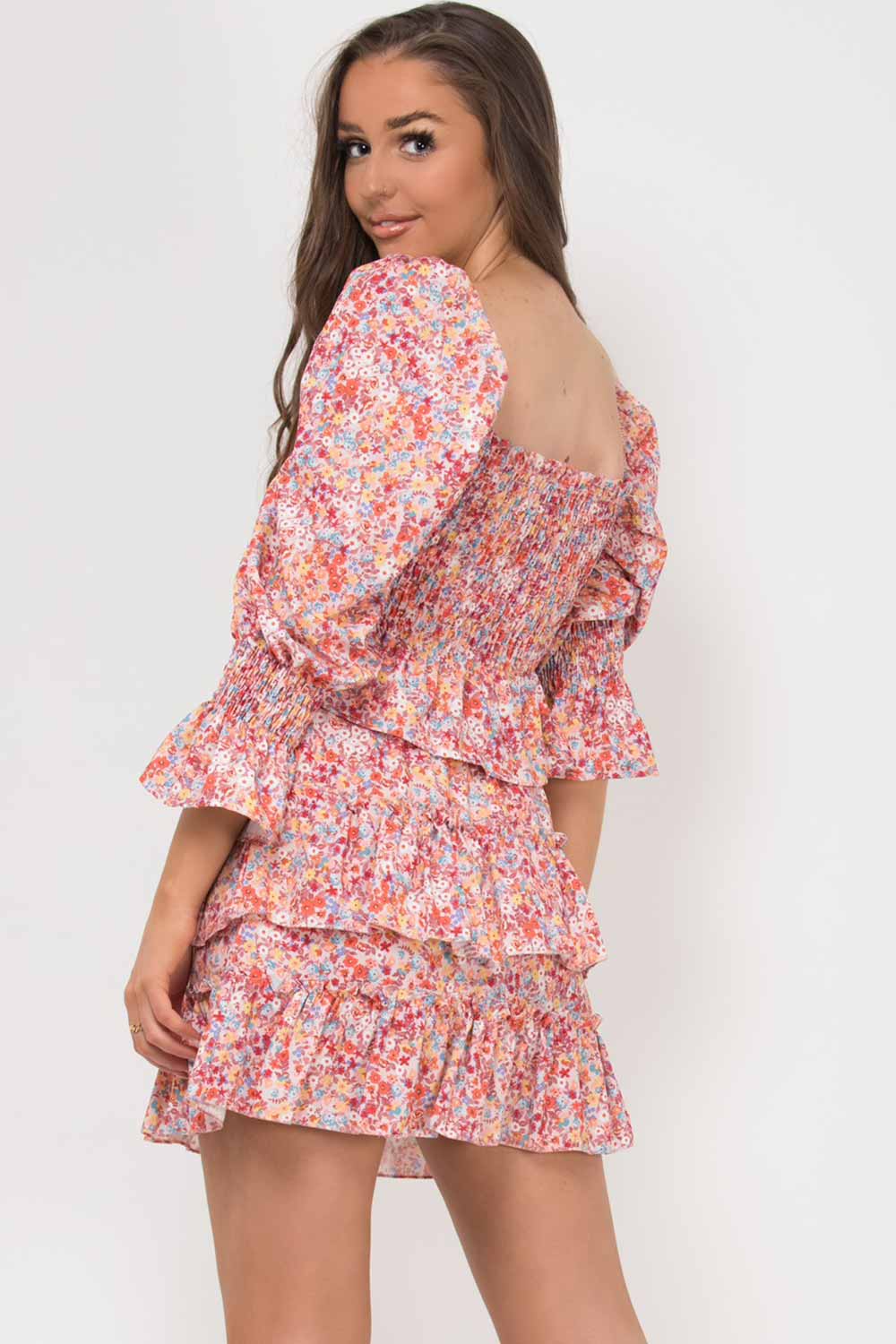 ruched front puff sleeve top layered skirt set