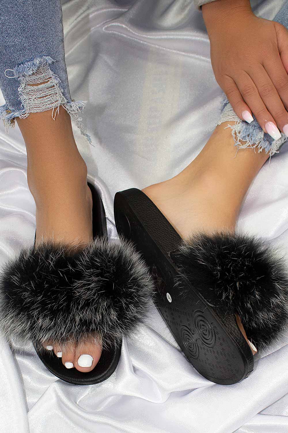 black real fox fur sliders uk