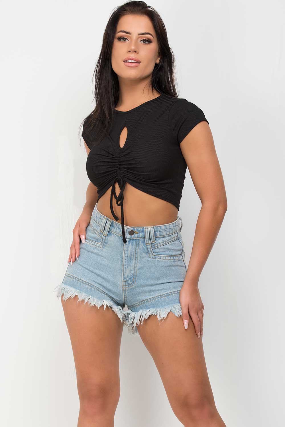 womens light wash denim shorts with frayed hem