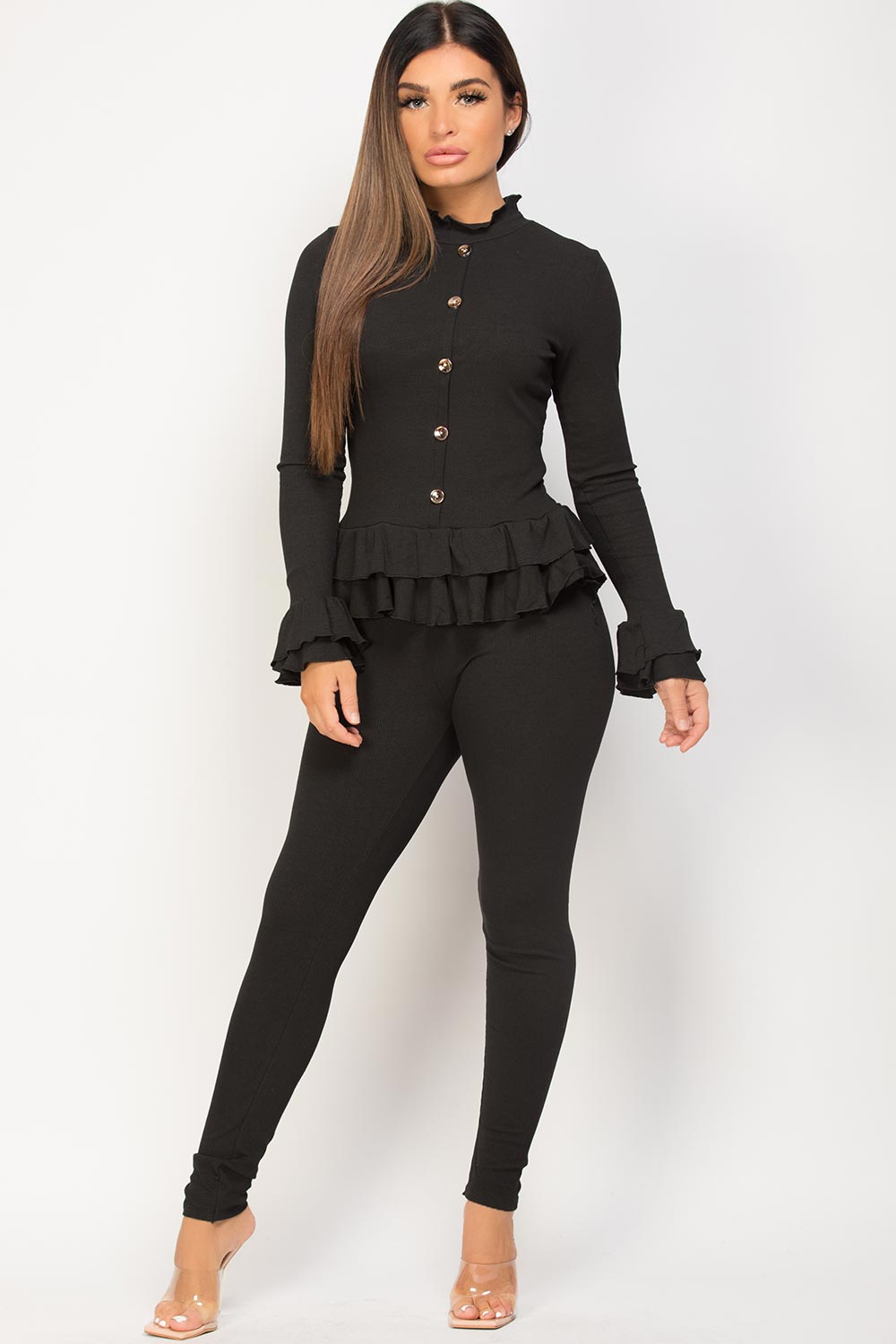 frill button front loungewear set