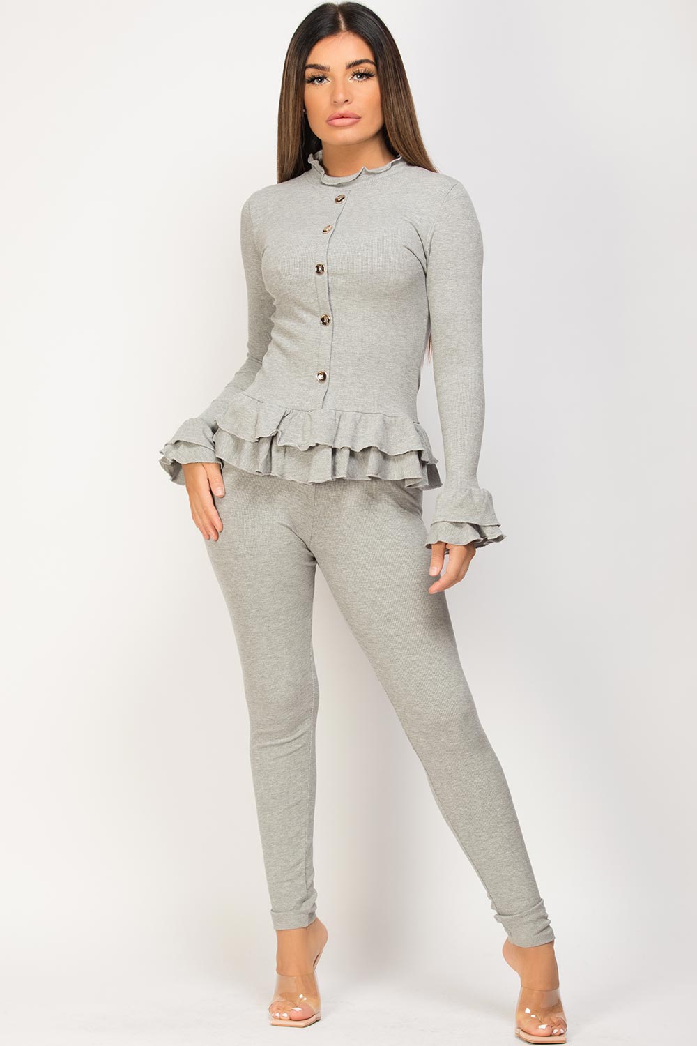 grey peplum button front ribbed loungewear set