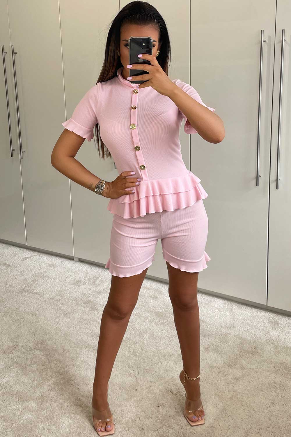 peplum frill rib top and shorts two piece set pink