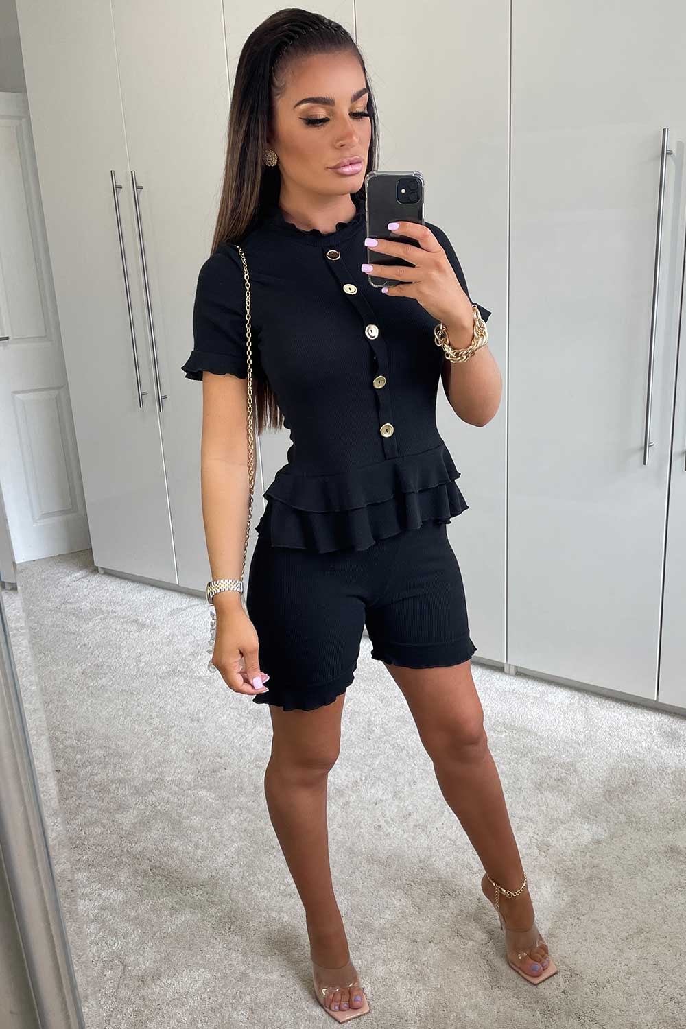 frill peplum hem shorts loungewear set