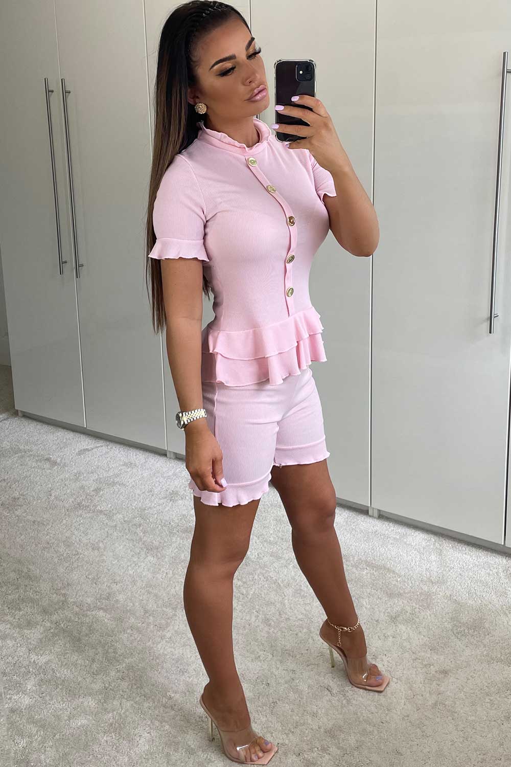 gold button rib top and shorts two piece set