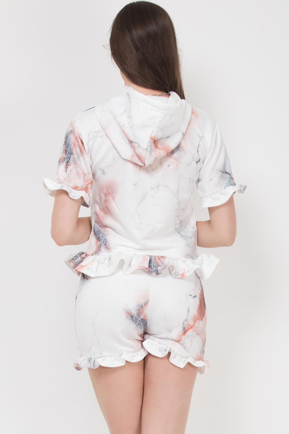 frill hem short sleeve hoodie and shorts two piece set