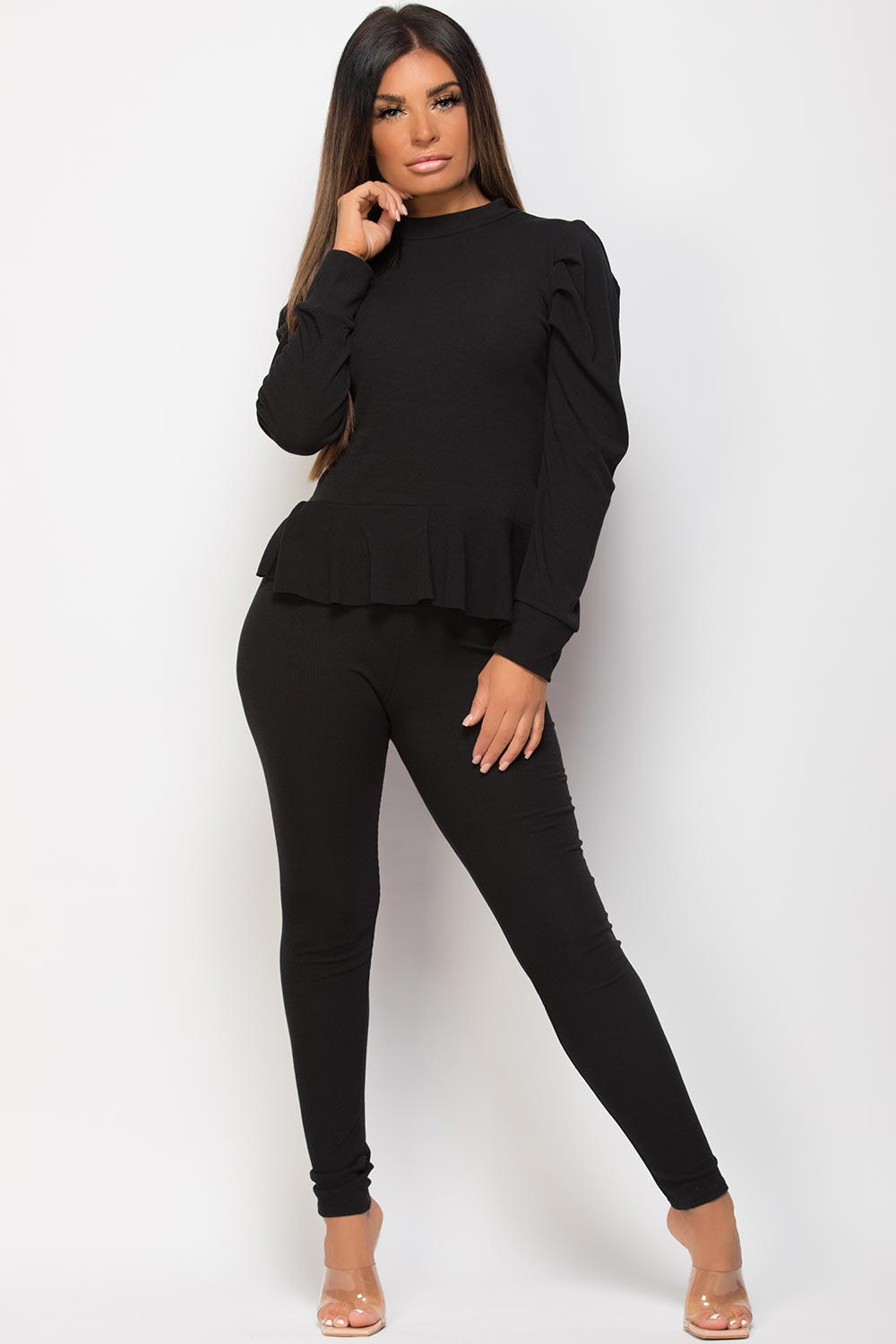 frill hem ribbed lounge set black