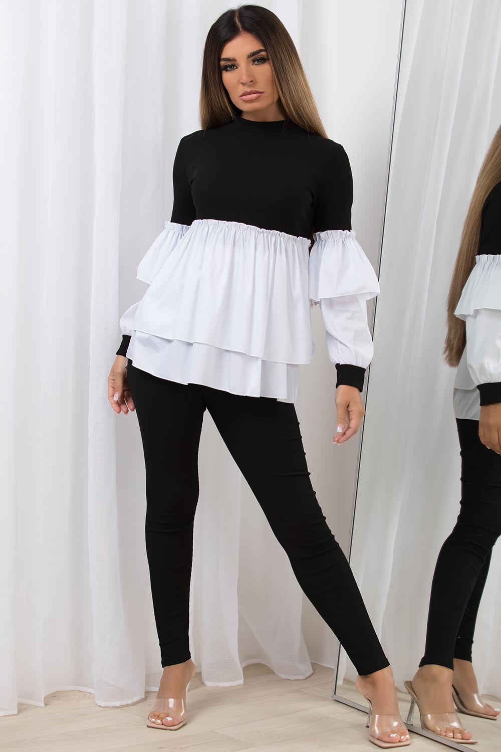 peplum frill ribbed jumper shirt and leggings loungewear co ord set