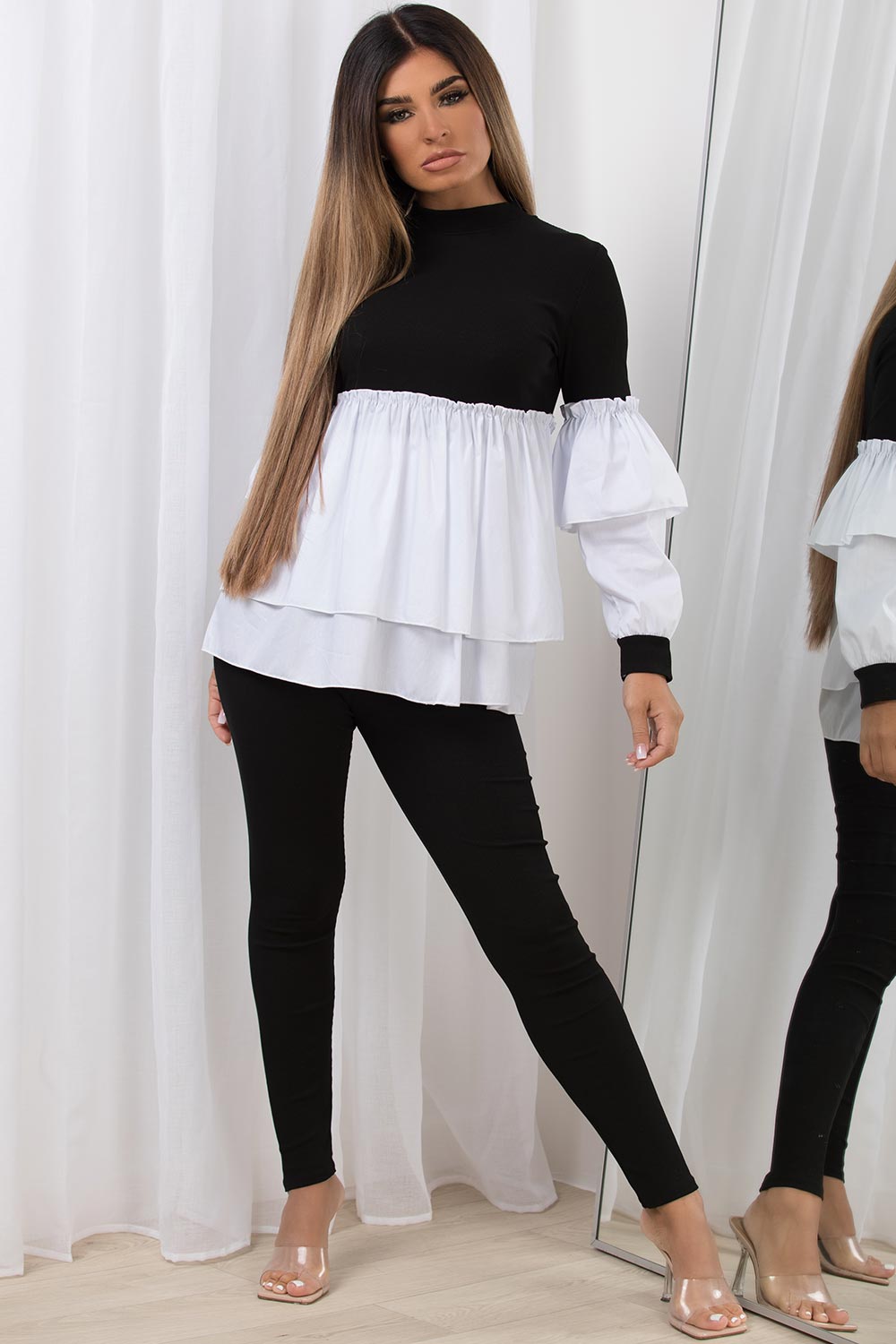 peplum frill hem ribbed top and leggings co ord lounge set black and white