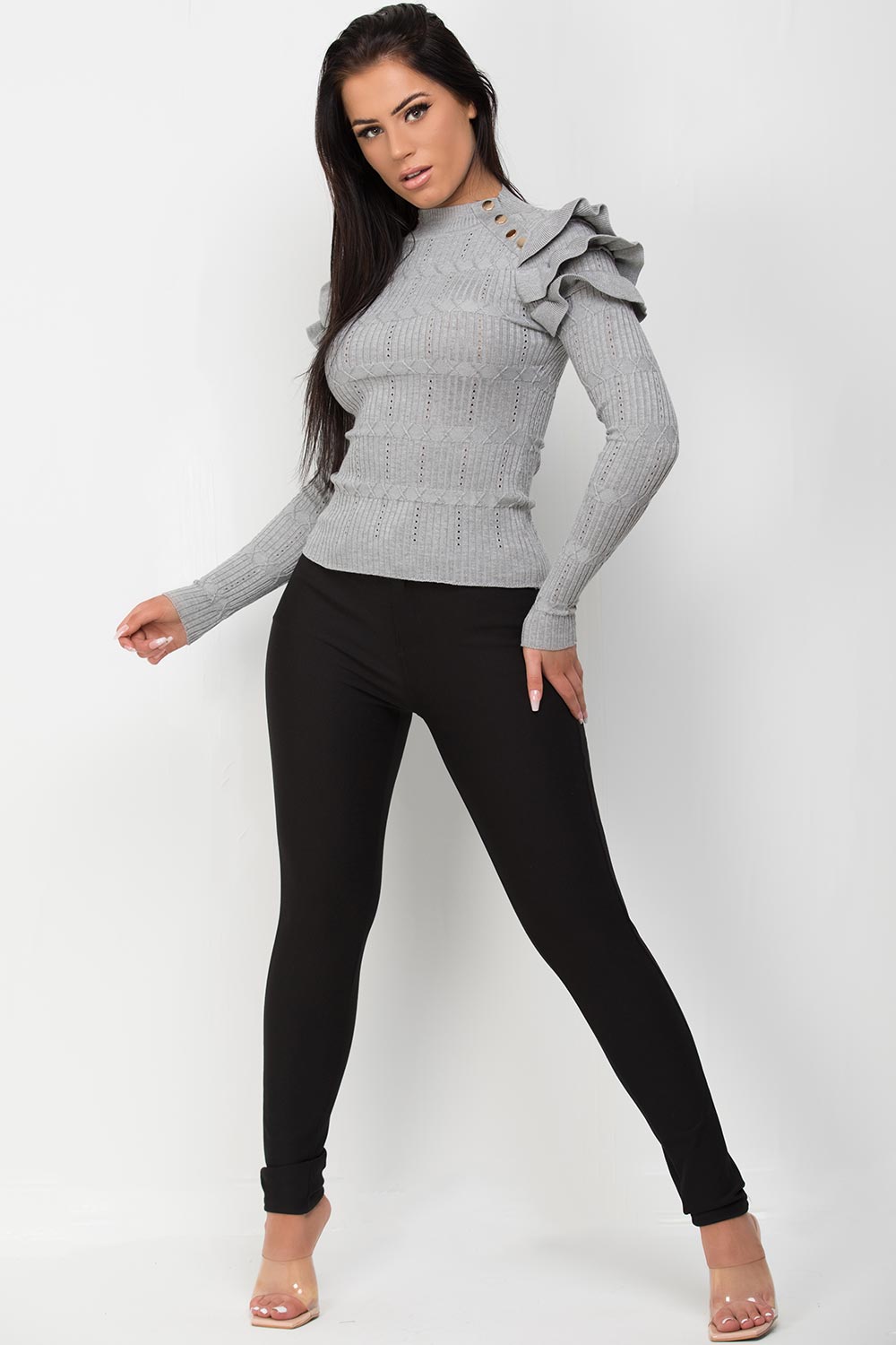 frill shoulder gold button long sleeve knitted top