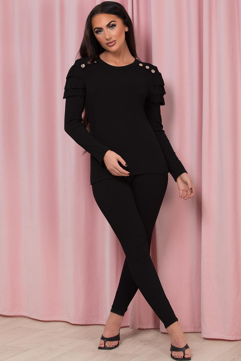 ribbed frill shoulder loungewear set black