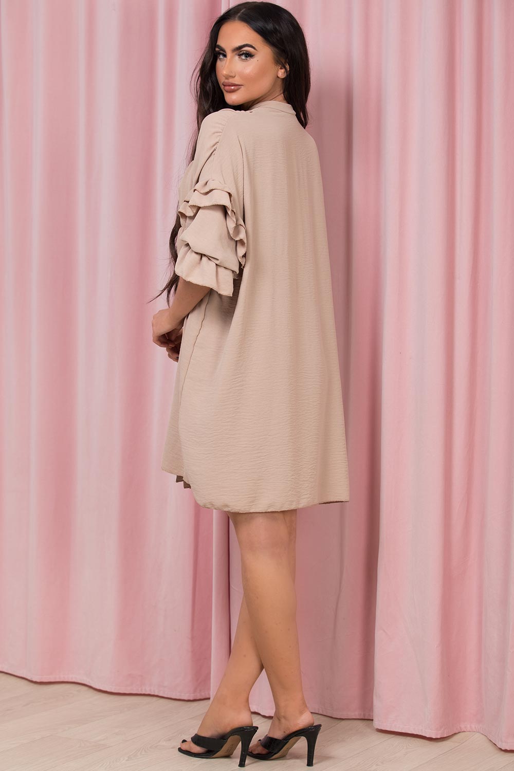 ruched front frill sleeve smock dress