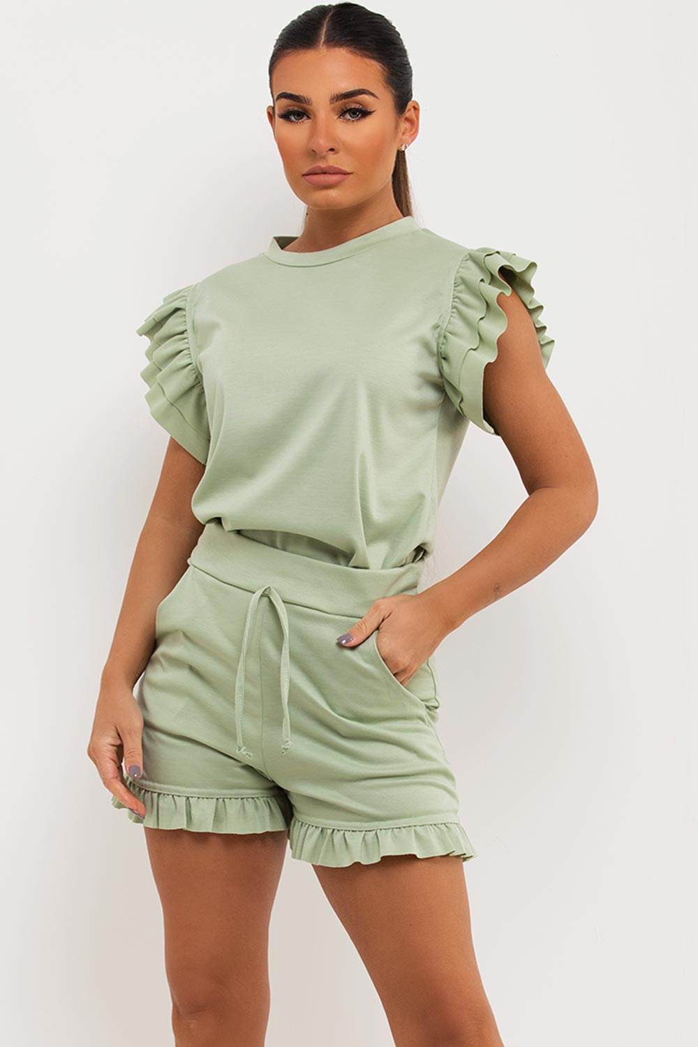 frill sleeve top and shorts set womens holiday outfit
