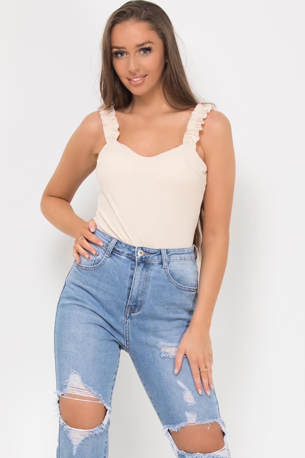 beige ribbed ruffle strap bodysuit