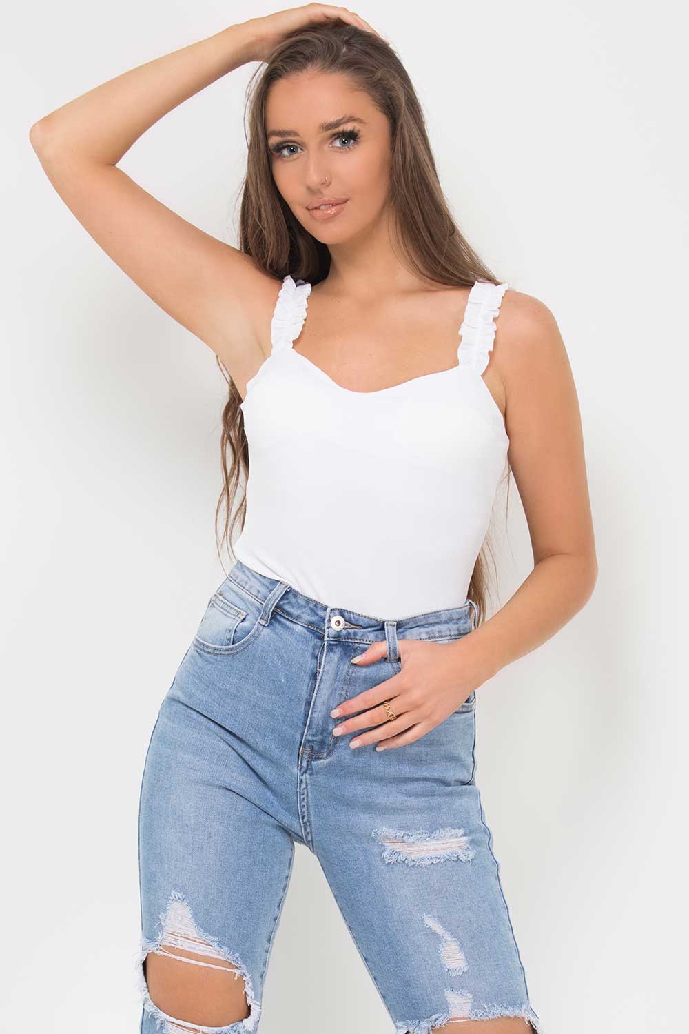 frill strap rib bodysuit cream