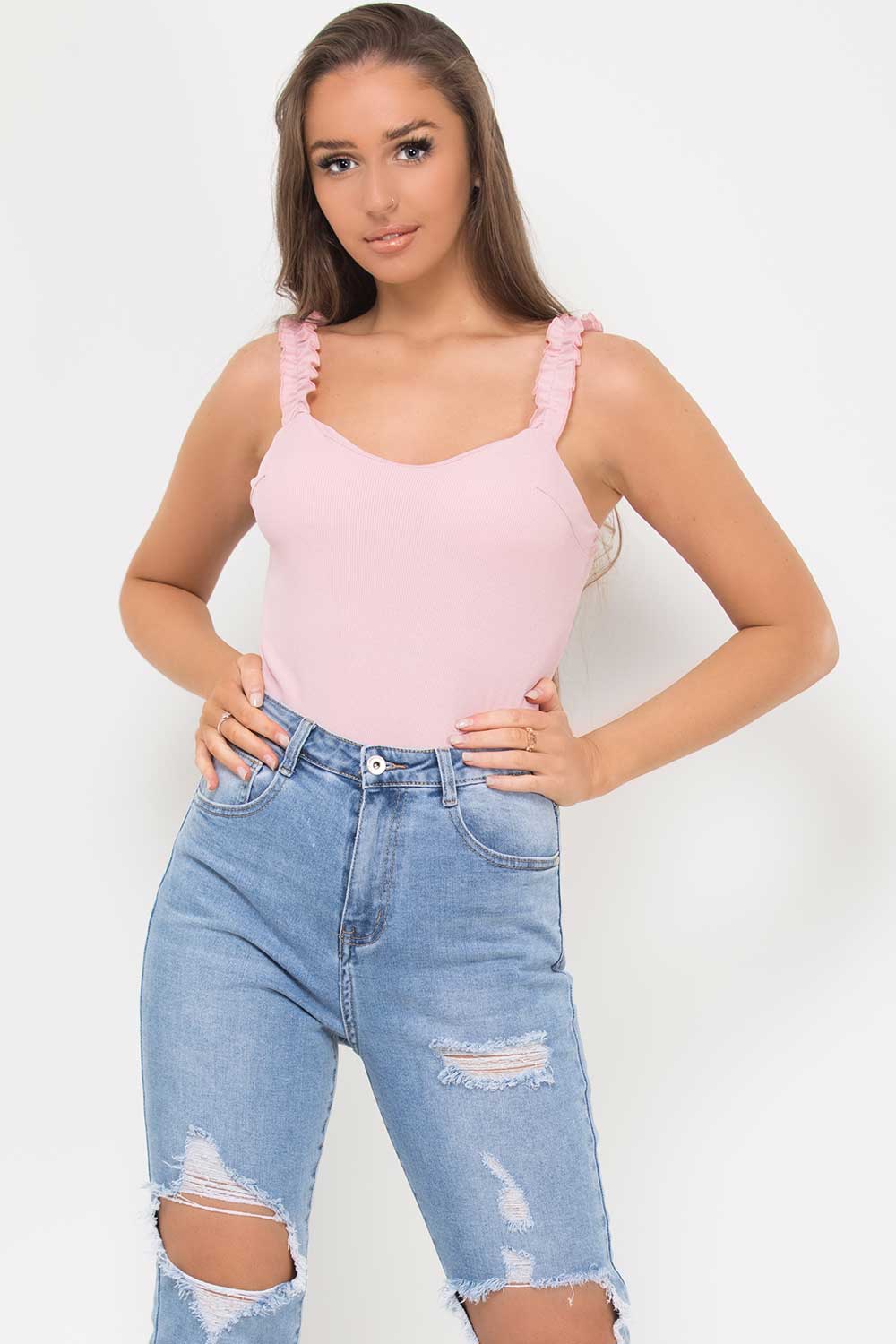 pink ruffle strap ribbed bodysuit