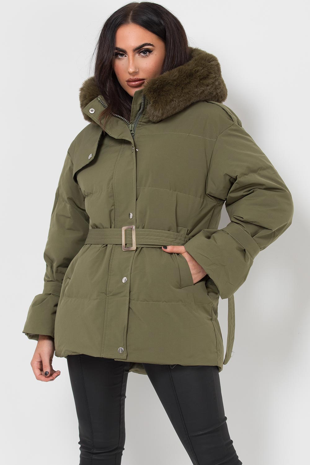 khaki puffer padded coat with fur hood womens