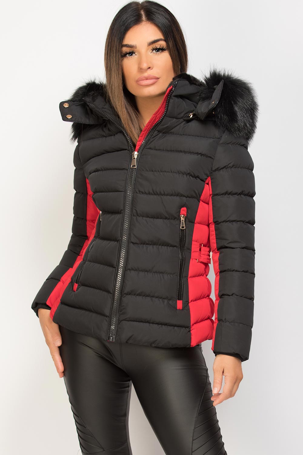 faux fur hood puffer padded jacket black