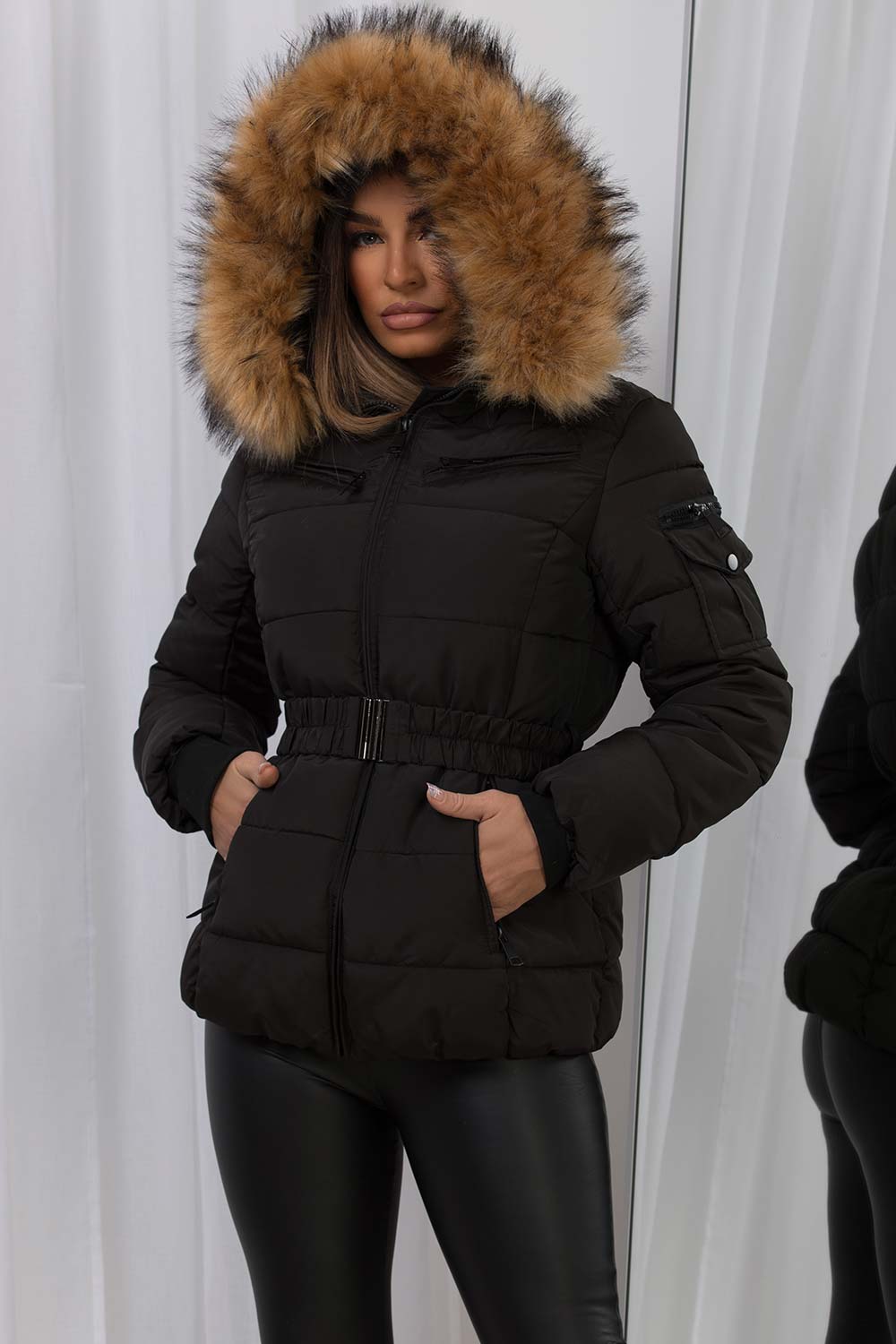 big faux fur hood puffer jacket with belt