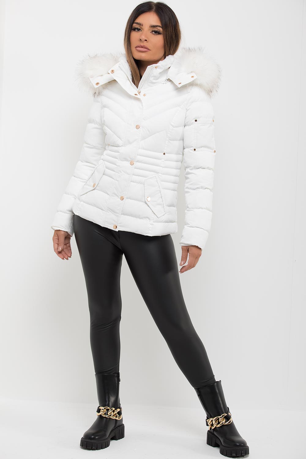 white puffer coat with big fur hood